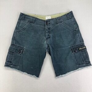FALLEN Cargo Shorts Mens 38 Grey Canvas Y2K Long Skater Canvas Raw‎ Hem Utility